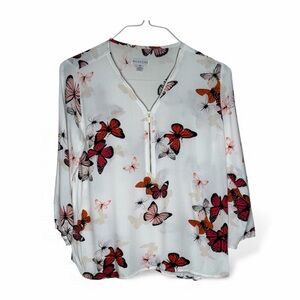 Magazine Women's Blouse with Butterfly Print - White and Red size Small